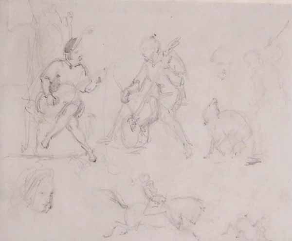 Sheet of Studies including Musicians and Hunting Scene